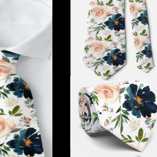 Gravata Rosas Florais de marinho Azul e Cor de Água Rosa