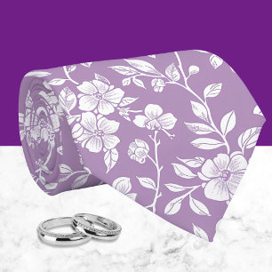 Gravata Roxo empoeirado e Chinoiserie Floral Branco