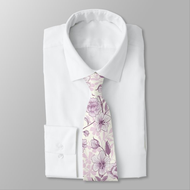 Gravata Roxo Escuro e Branco Chinoiserie Floral  (Amarrado)