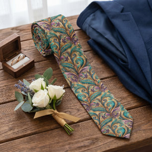 Gravata Roxo Teal Azul Verde Dourado Padrão Paisley