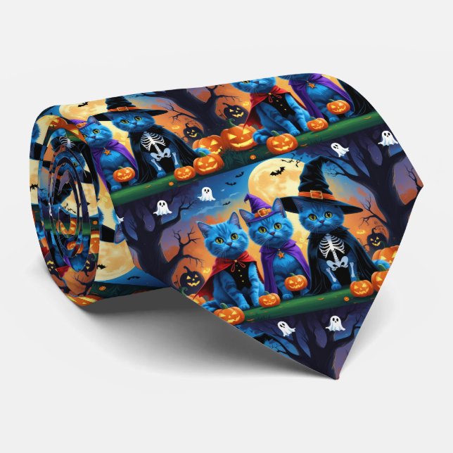 Gravata Russo Blue Cats Pumpkin Halloween Engraçado (Rolled)