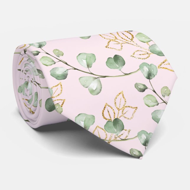 Gravata Sage Green & Dourado Casamento Rosa Blush Eucalypt (Rolled)