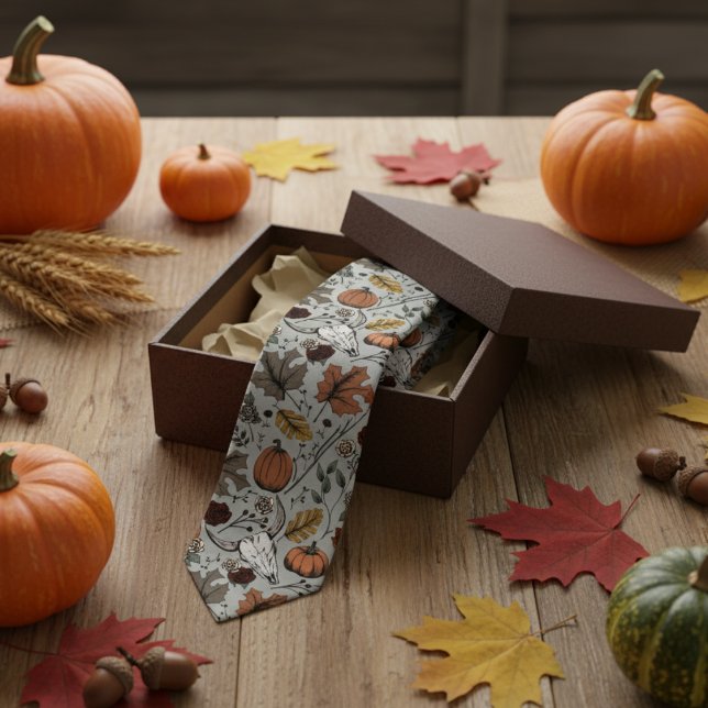 Gravata Sage Green Western Bull País (Sage Cow Skull Fall Harvest Thanksgiving Tie for Him. Skull, Burnt Orange Pumpkins, Autumn Leaves)