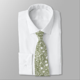 Gravata Sage Verde Floral Branco Casamento Groomsman Noivo