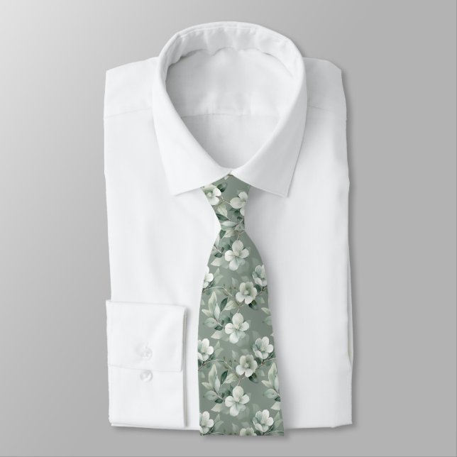 Gravata Sage Verde Floral Branco Elegante Casamento Formal (Amarrado)