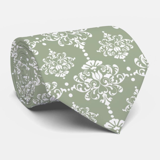 Gravata Sage Verde Floral Damask para Padrinhos de (Rolled)