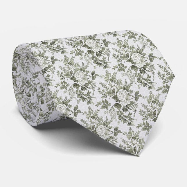 Gravata Sage Verde Toile Floral  (Rolled)