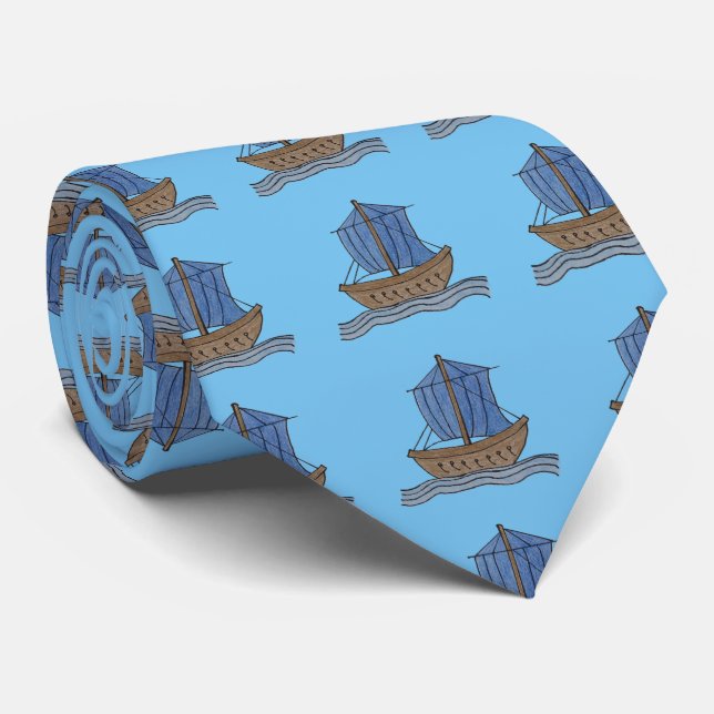 Gravata Sailor! Blue Sailing Ship Necktie (Rolled)