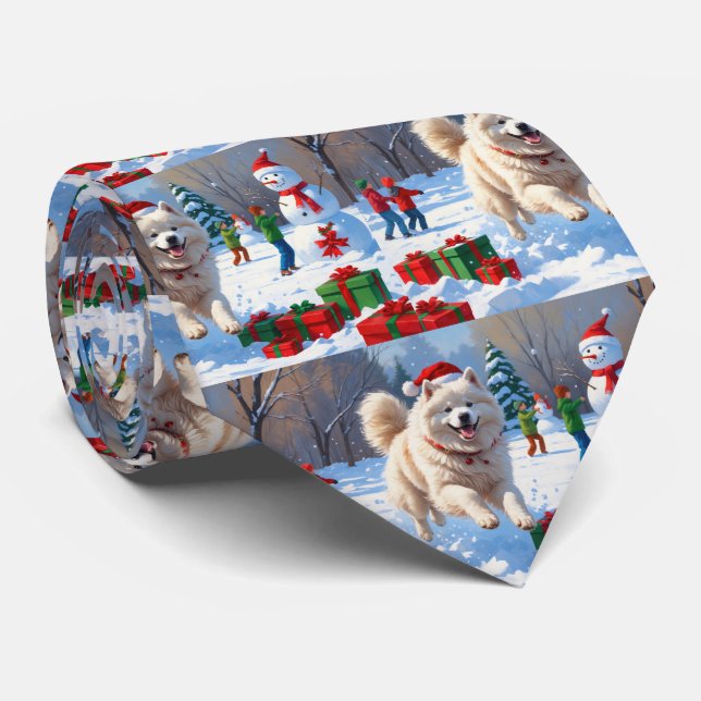 Gravata Samoyed Correndo na Neve com Chapéu de Natal (Rolled)