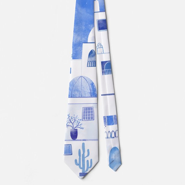 Gravata Santorini Grécia Watercolor (Watercolor blue and white Santorini Greece art neck tie)