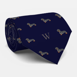 Gravata Sausage Dachshund Cachorro Monograma Azul Meia-Noi
