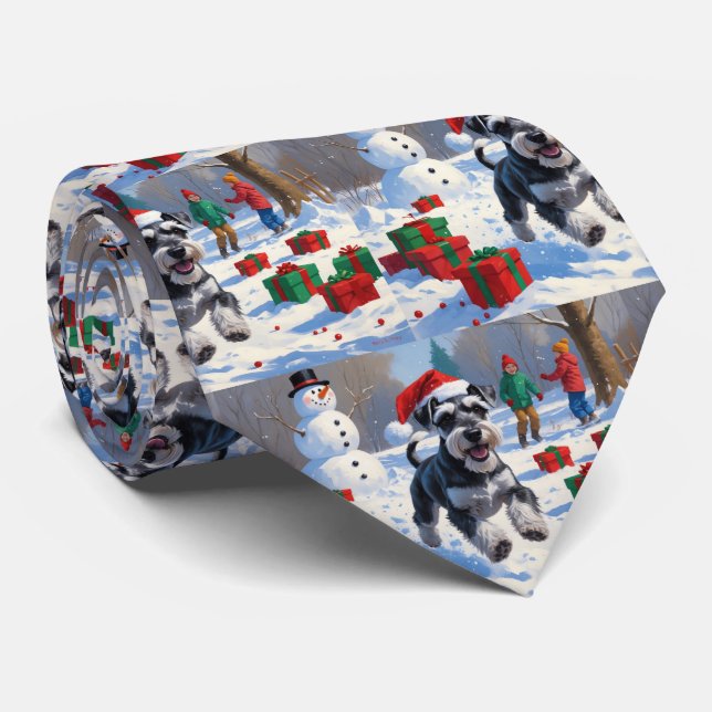 Gravata Schnauzer Correndo na Neve com Chapéu de Natal (Rolled)