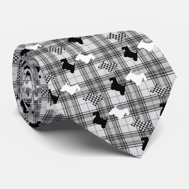 Gravata Scotties e xadrez cinzenta (Rolled)