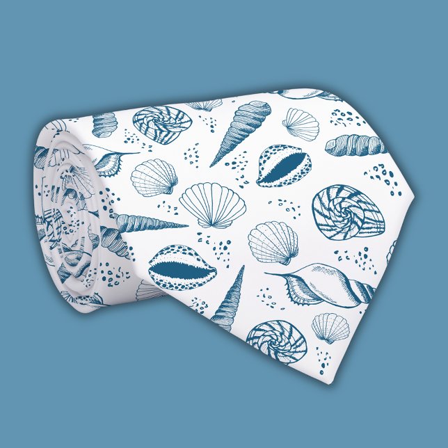 Gravata Seashell Blue White Beach (Blue & White Seashell Tie Coastal Chic Men’s Accessory Nautical Wedding Style)