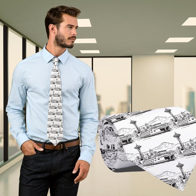 Gravata Seattle Ferry & Skyline Line Art Washington (Seattle Ferry & Skyline Line Art Washington State Tie)
