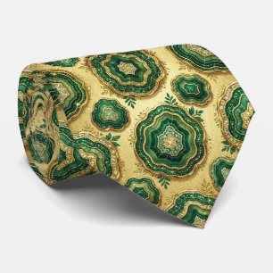 Gravata Seda de Luxo Falsa Geodo Verde + Dourado