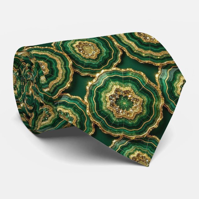 Gravata Seda de Luxo Falsa | Geodo Verde + Dourado (Rolled)