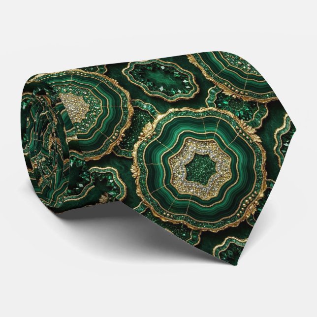 Gravata Seda de Luxo Falsa | Geodo Verde + Dourado (Rolled)