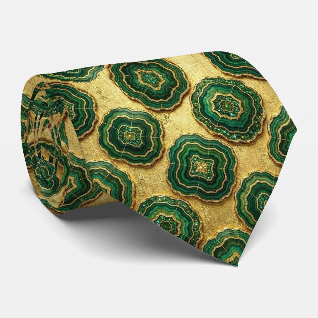 Gravata Seda de Luxo Falsa | Geodo Verde + Dourado (Rolled)
