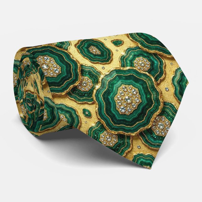 Gravata Seda de Luxo Falsa | Geodo Verde + Dourado (Rolled)