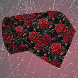 Gravata Seda Falsa Gótica Cavalheiro de Rosas e Teias de