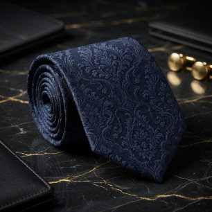 Gravata Seda Jacquard Barroca Damask Azul Meia-Noite de Lu