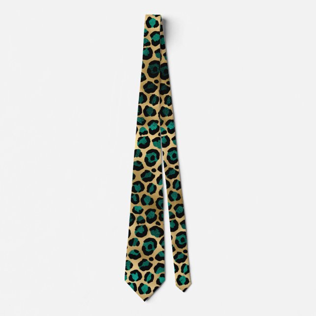 Gravata Série Teal e Dourado Leopardo Design 14  (Frente)