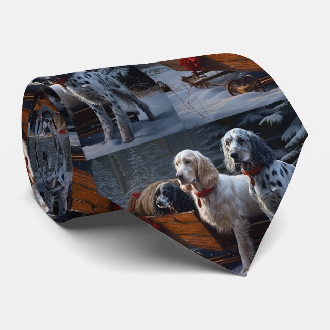 Gravata Setter Inglês Snowy Sleigh Decoração de Natal  (Rolled)