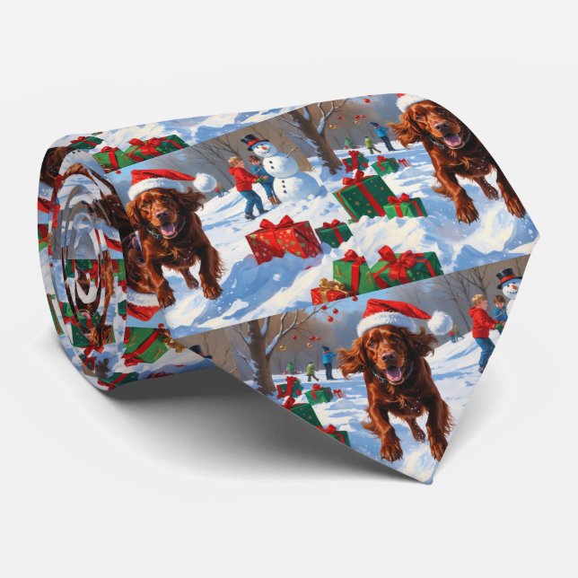 Gravata Setter Vermelho Irlandês Correndo na Neve com Chap (Rolled)