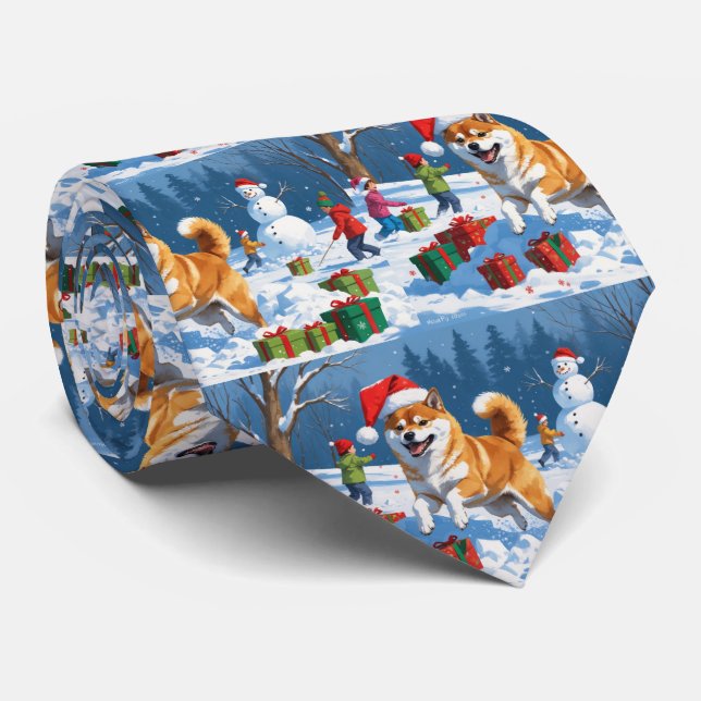 Gravata Shiba Inu correndo em neve com chapéu de Natal (Rolled)