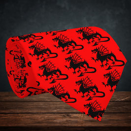 Gravata Silhueta do Dragão Galês Preto com Fundo Vermelho