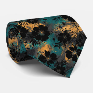 Gravata Silhueta Floral Preta em Negrito com Azul Turquesa