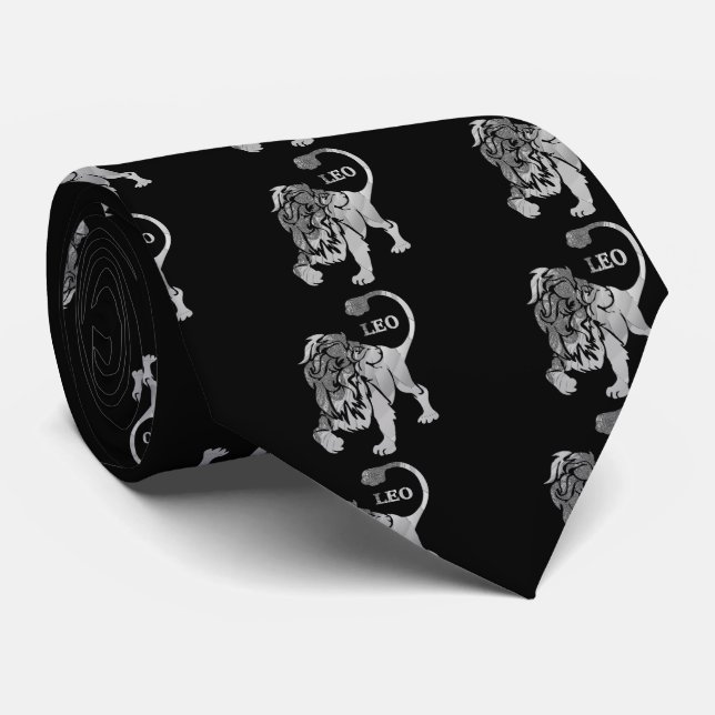Gravata Silver Leo Lion Zodiac Black Tie (Rolled)