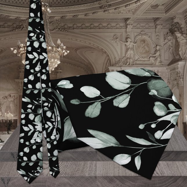 Gravata Silver Sage & Black Eucalyptus Greenery Casamento (Criador carregado)