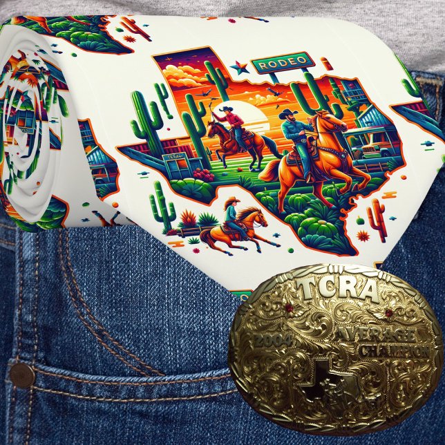 Gravata Símbolo Cowboy Cactus Rodeo em Forma de Texas (Texas themed western necktie with cowboys, cowgirls, Texas landscape and a Rodeo sign.)