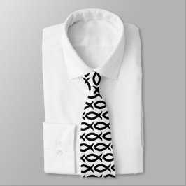 Gravata Símbolo de Peixe Cristão Negro e Branco Necktie
