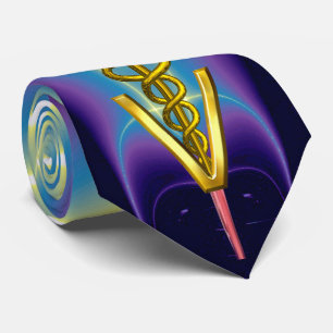 Gravata SÍMBOLO VETERINÁRIO do CADUCEUS DOURADO, azul ro