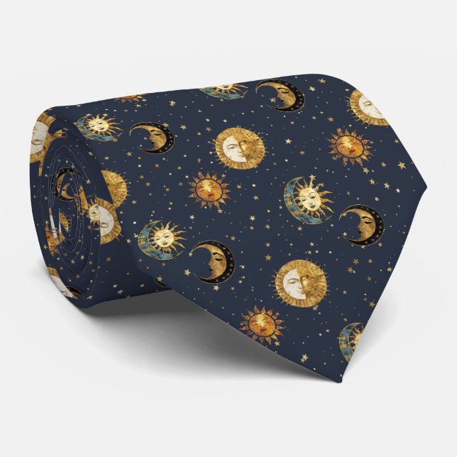 Gravata Símbolos de Astrologia Cósmica em Ouro Marinho (Rolled)
