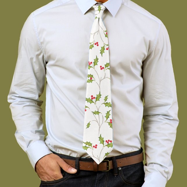 Gravata Simples Natal Aquarela Holly Berries Greenery (Watercolor red holly berries neck tie. )