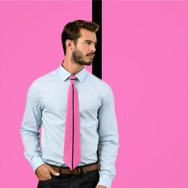 Gravata Single Black Stripe on Hot Pink Tie (Man wears a hot pink necktie featuring a thin single black stripe. Background matches tie.)