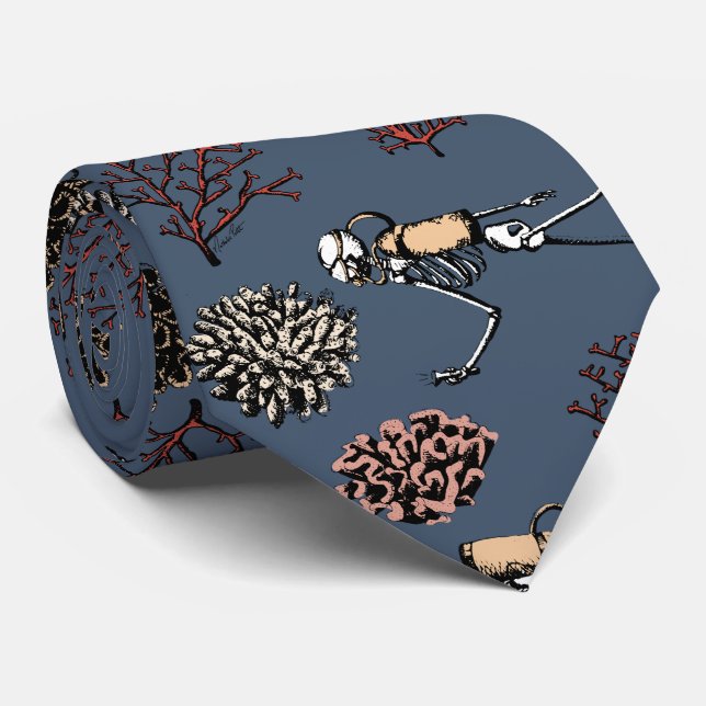 Gravata Skeleton Azul Moderno Scuba Divers Necktie (Rolled)