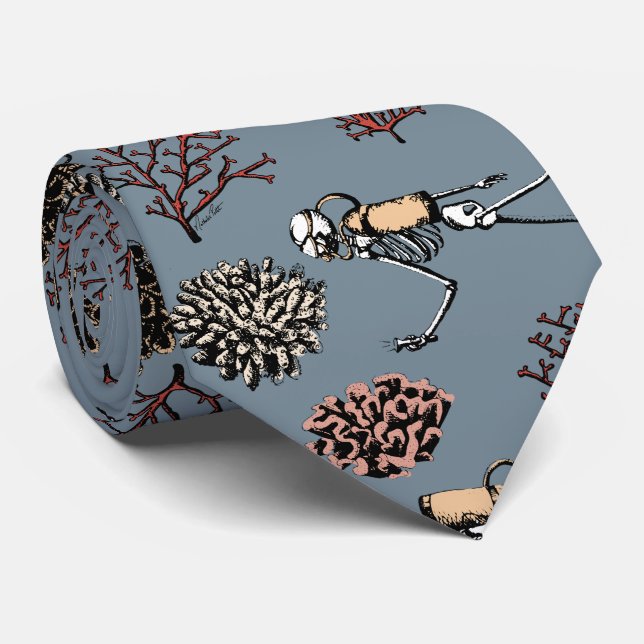 Gravata Skeleton Azul Moderno Scuba Divers Necktie (Rolled)