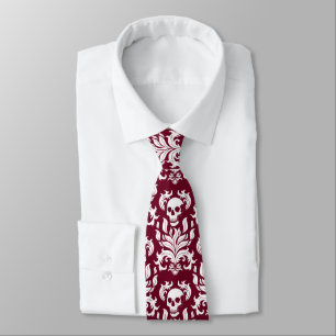 Gravata Skull Flame Damask em branco nítido em vermelho pr