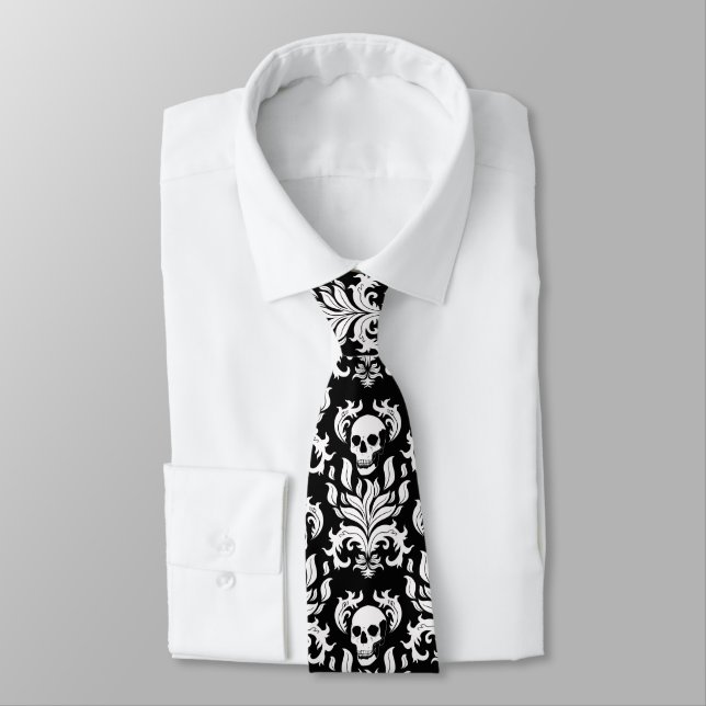 Gravata Skull Flame Damask in stark white on black (Damasc (Amarrado)