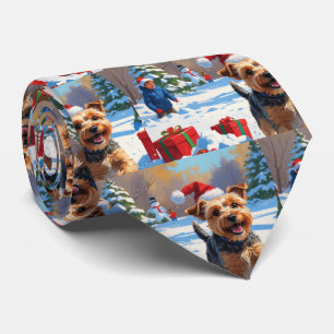 Gravata Skye Terrier Correndo na Neve com Chapéu de Natal
