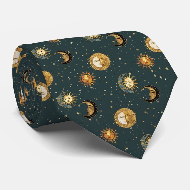 Gravata Sol Dourado Celestial Lua Estrelas Azul Meia-Noite (Rolled)
