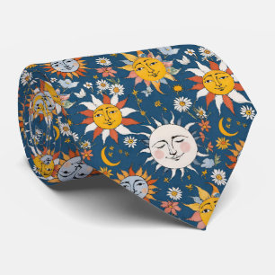 Gravata Sol e Lua Floral em Azuis e Amarelos