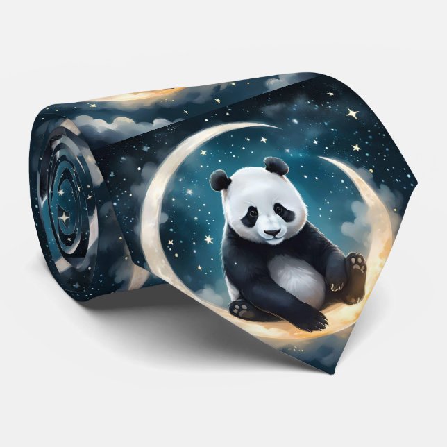 Gravata Sonhando à Lua: Serenada Celestial de Panda (Rolled)