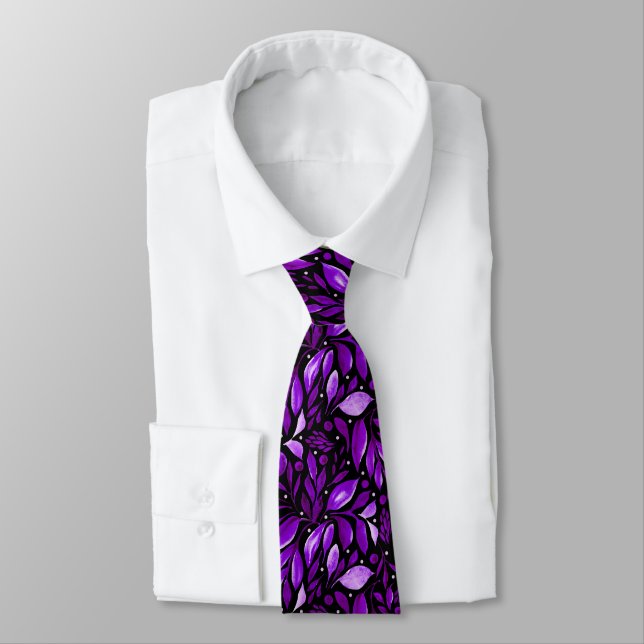 Gravata Sonho Violeta - Botânico Preto e Roxo (Amarrado)