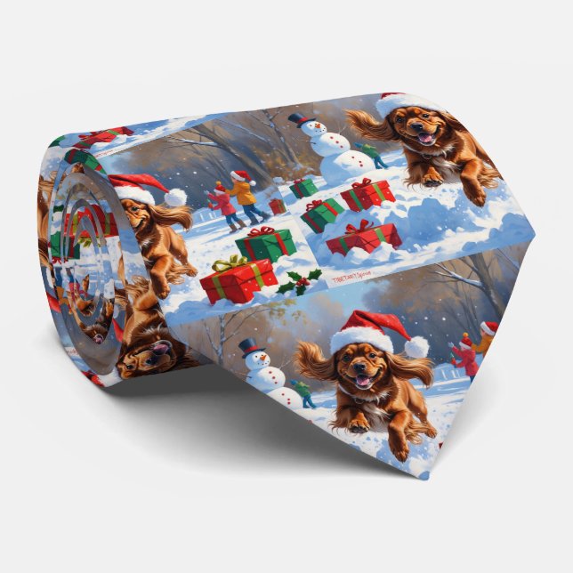 Gravata Spaniel Tibetano Correndo na Neve com Chapéu de Na (Rolled)